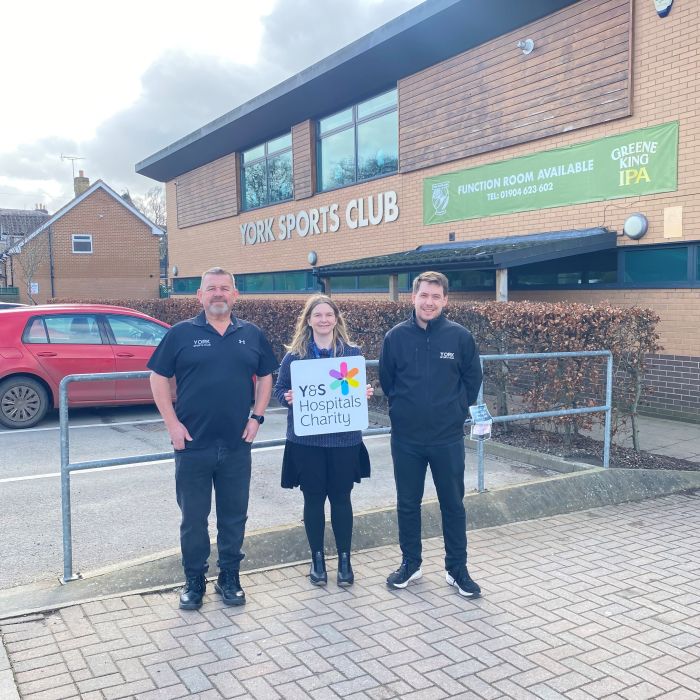 Kevin Johnson (York Sports Club), Natalie Marriott (York & Scarborough Hospitals Charity) and Tom Bateson (York Sports Club) outside of York Sports Club, showing support towards the Tiny Lives Appeal.