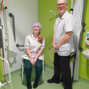 Two Selby Occupational Therapists Demonstrating the shower chairs 